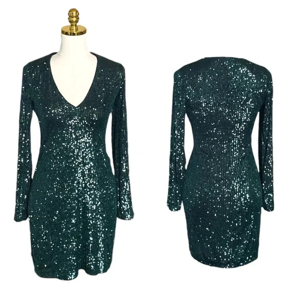 EXPRESS | Emerald Green Sequins Embellished Mini Cocktail Dress Size XS - Picture 5 of 10